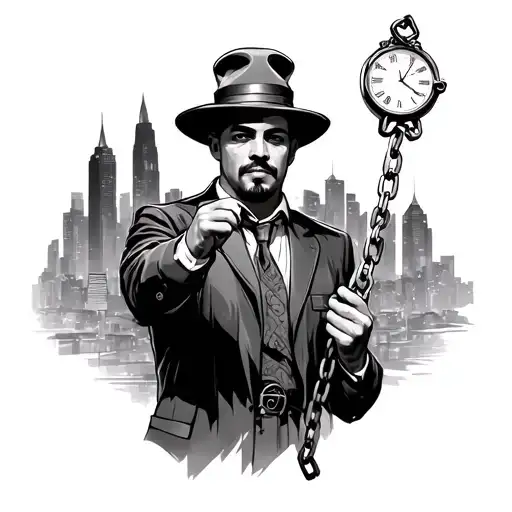 Man Holding A Chain With A Clock And A City Behind