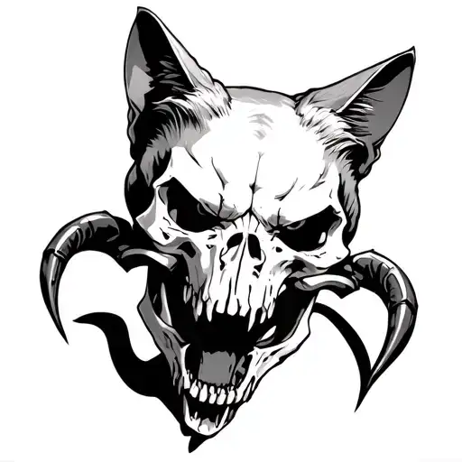 Angry Cat With Claws On Scull Of Goat Skull