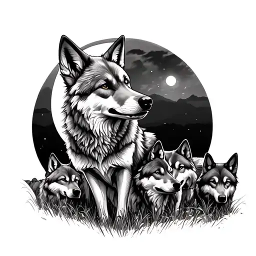Coyote In A Field Of Wolves With A Full Moon