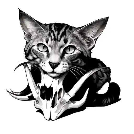 Real Cat With Claws Sitting On Goats Skull