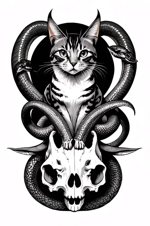 Cat With Horns Sitting On Goats Skull And Snake