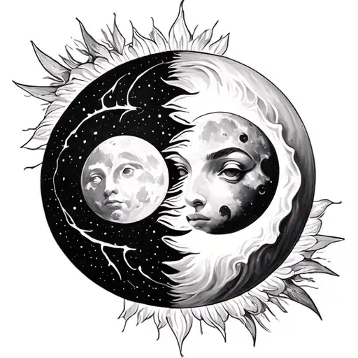 Sun And Moon Merging Together Representing