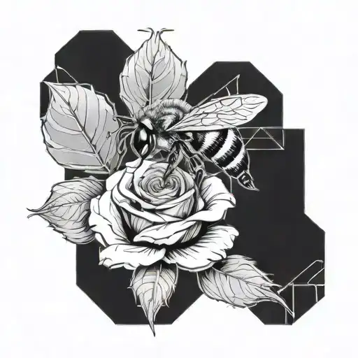 Bee Interacting With A Rose With Sacred Geometric Shapes