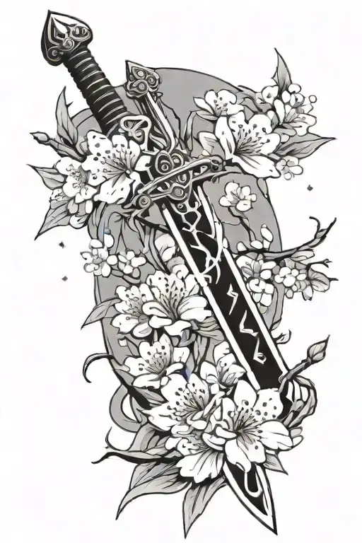Sword With Cherry Blossoms Wrapping Around It Luminous Points