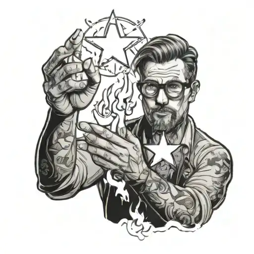 Outline Of A Man In Glasses Holding Fire And A Star In His Hands