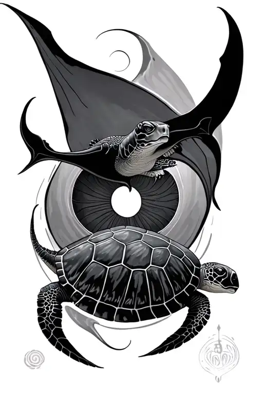 Manta Ray And Sea Turtle Form A Ying And Yang Symbol