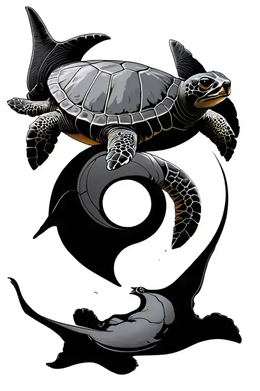 Ying And Yang Symbol Made Of A Sea Turtle And A Manta Ray Tattoo