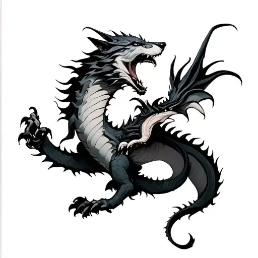 Wolf Fighting A Dragon Emerging