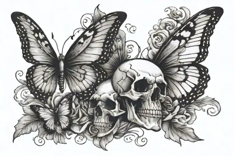 Skull And White Butterfly With 832 On Wing And 709 On The Other Wing