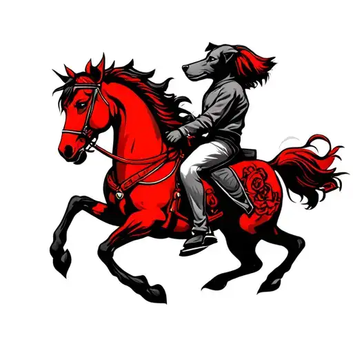 Dog Riding A Red Horse Tattoo