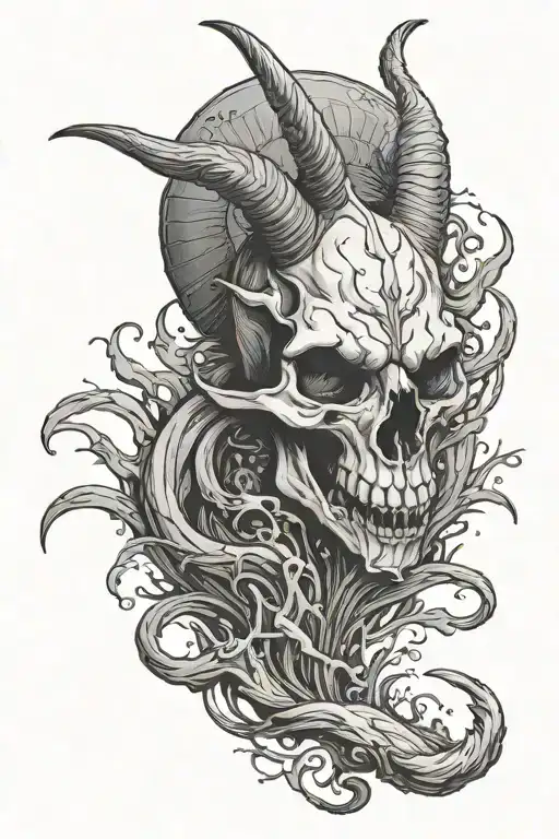 Skull Of A Goat Surrounded By Water Dark Horror Scene Tattoo