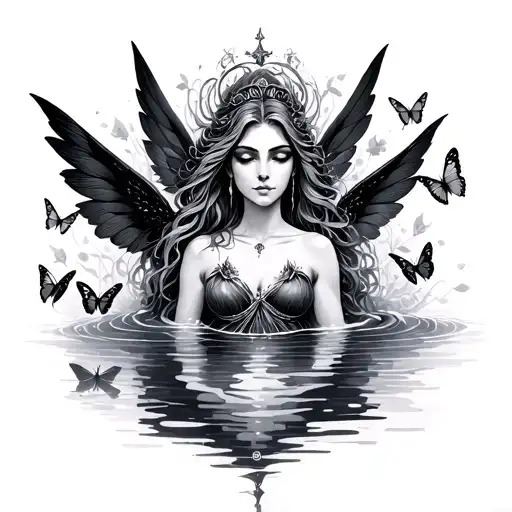 Aquarius Goddess With Dark Fairy Wings And Butterflies Surrounding The Water Tattoo