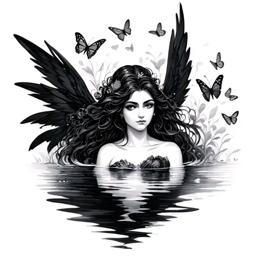 Aquarius Black Goddess Woman With Dark Fairy Wings And Butterflies Surrounding The Water Tattoo