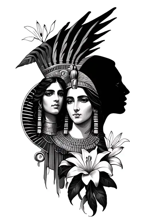 Greek God Helios And Egyptian Goddess Isis With Lily Flower Tattoo
