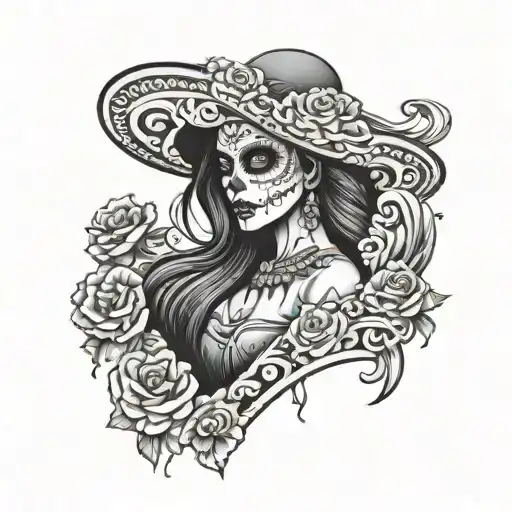 La Catrina On A Dark Horse Sleeve Tattoo