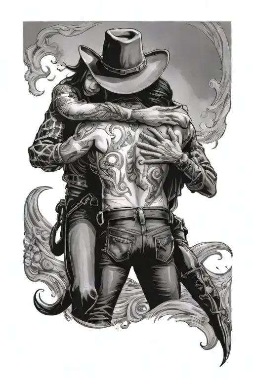 Male Cowboy Back Holding Women Warpped Around Waist Full Body With Frame Tattoo