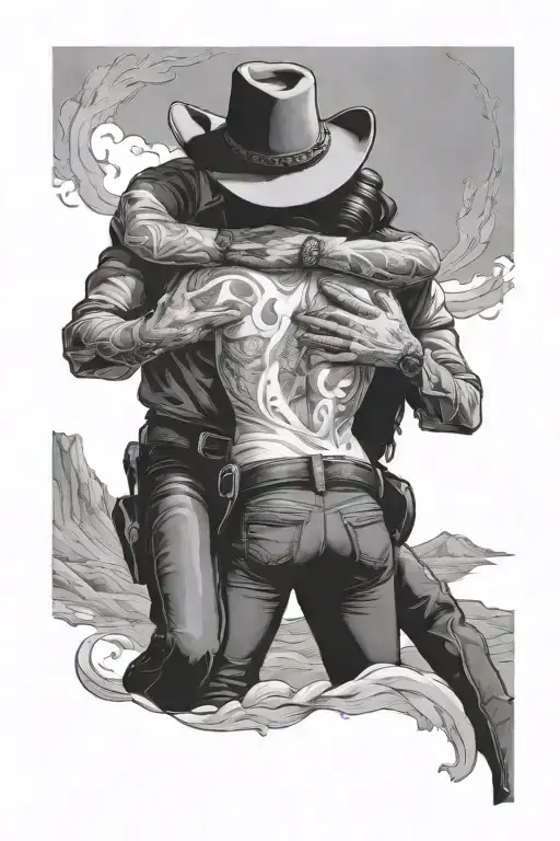 Male Cowboy Back Holding Women Warpped Around Waist Full Body With Frame Tattoo