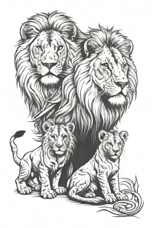 Lion And Lioness And Two Cubs