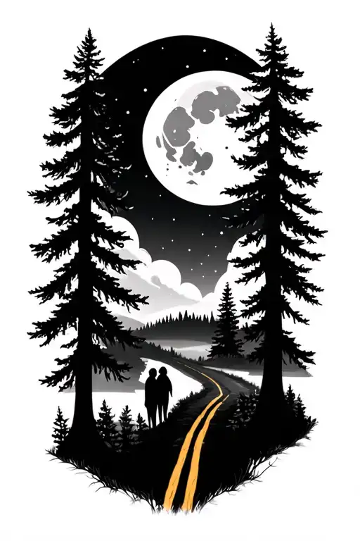 Pine Forest With One More Road A Couple And The Moon