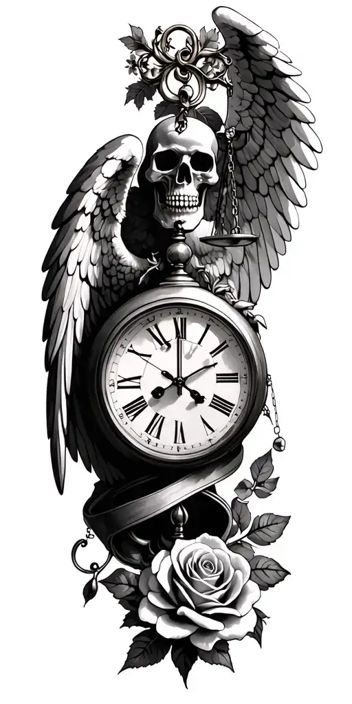 Angel Justice Balance Skull Clock And Rose Wrapped