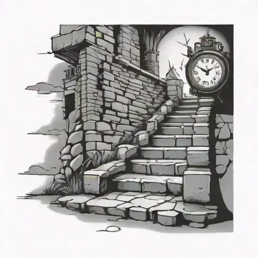 Old Stone Stairs Leading To A Broken Clock