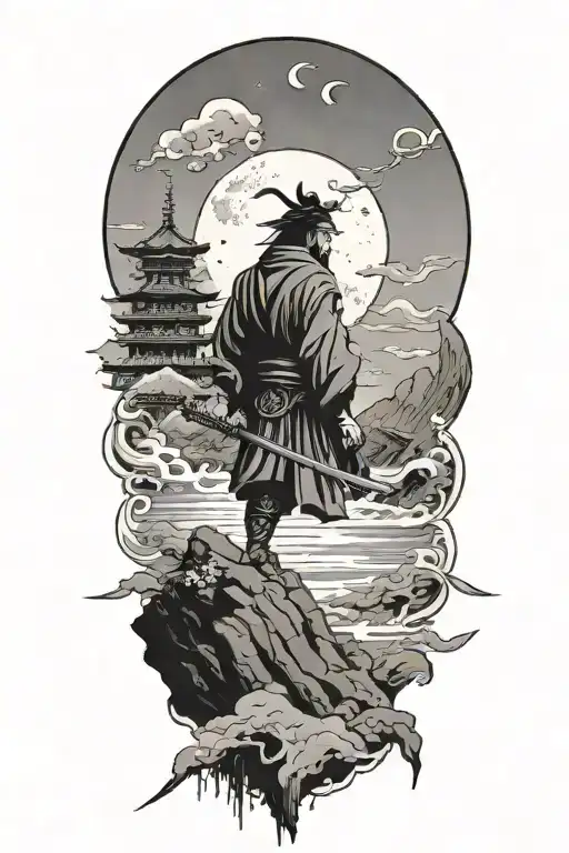 Japanese Culture With Samurai Looking Down To The Moon