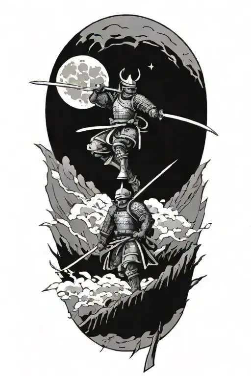 Japanese Culture With Samurai Warrior To The Moon