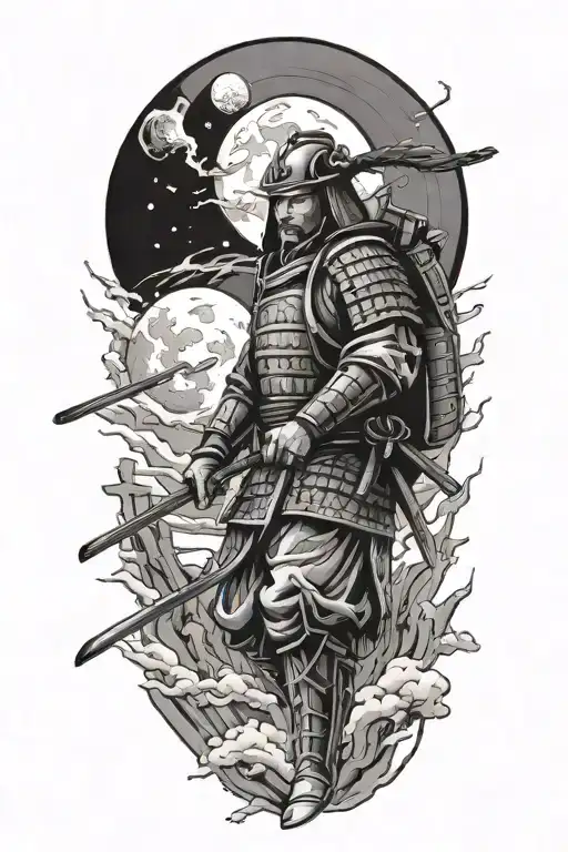 Japanese Culture With Samurai Warrior To The Moon