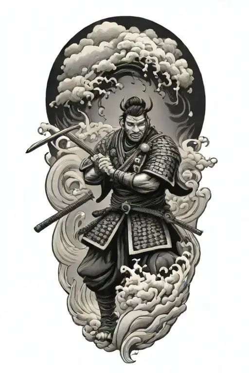 Japanese Culture With Samurai Warrior With Clouds Fire Rain