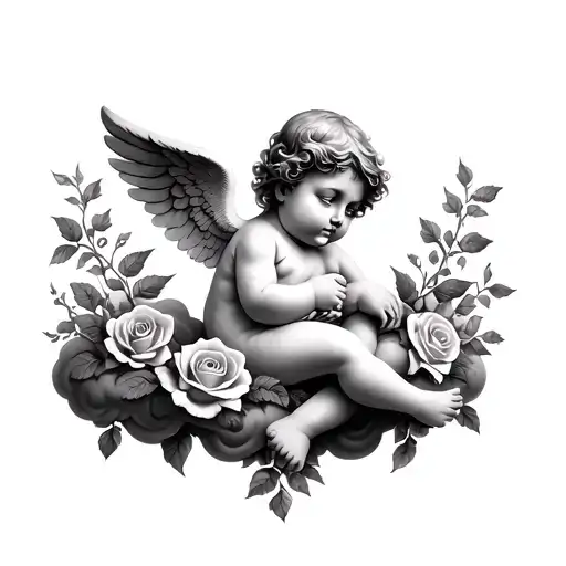 A Cherub Sitting On Cloud With Roses