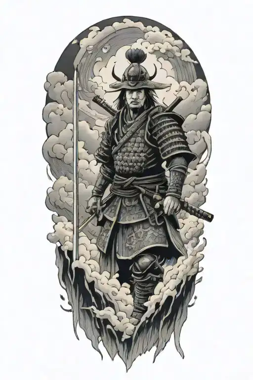 Japanese Culture Home With Samurai Warrior With Clouds Fire Rain