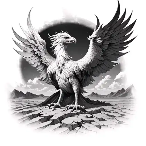Hyper Realistic Rising Phoenix Arm Tattoo Above A Cracked Desert