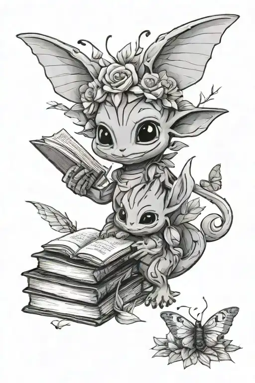 Stich And Baby Groot And Grogu And Books And Flowers And Butterfly And Dragon