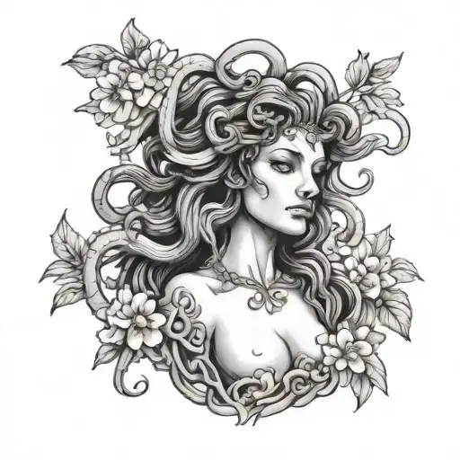 A Black And Grey Portrait Of Medusa Surrounded By Blooming Flowers Tattoo