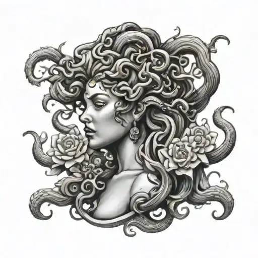 A Black And Grey Portrait Of Medusa Surrounded By Blooming Flowers Tattoo