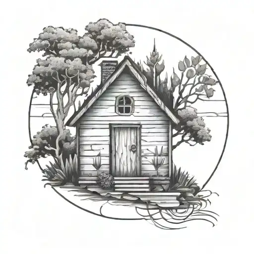 Circle With House And Wood In One Line