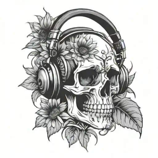 Sunflower Skull Wearing Headphones Tattoo