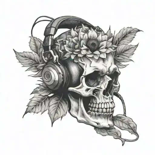 Sunflower Skull Wearing Headphones