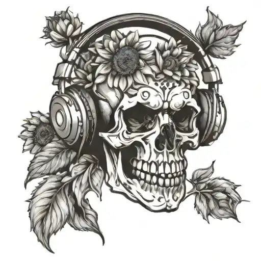 Sunflower Skull Wearing Headphones Tattoo
