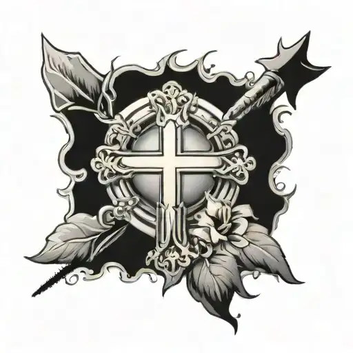A Christian Cross With A Small Sun On The Arm Of The Cross Tattoo