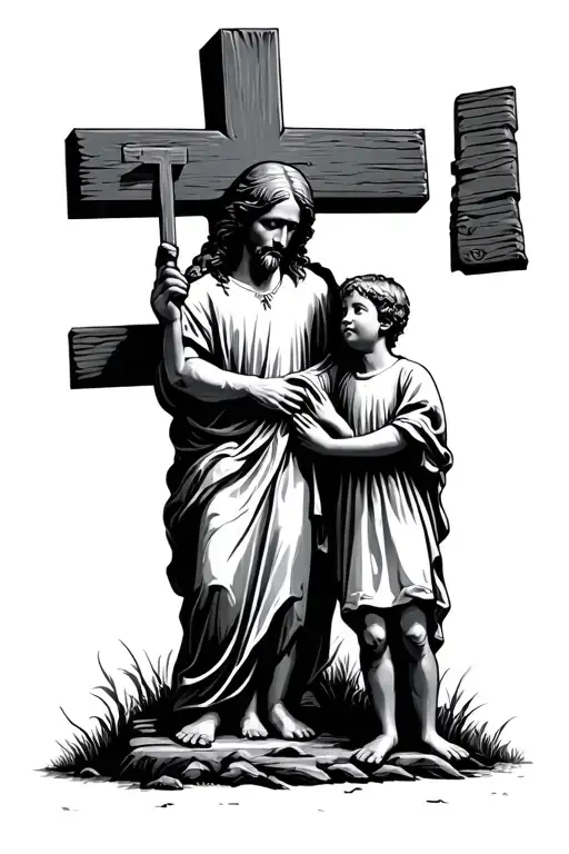 A Cross With God Stand With A Little Kid Holding Hands Tattoo