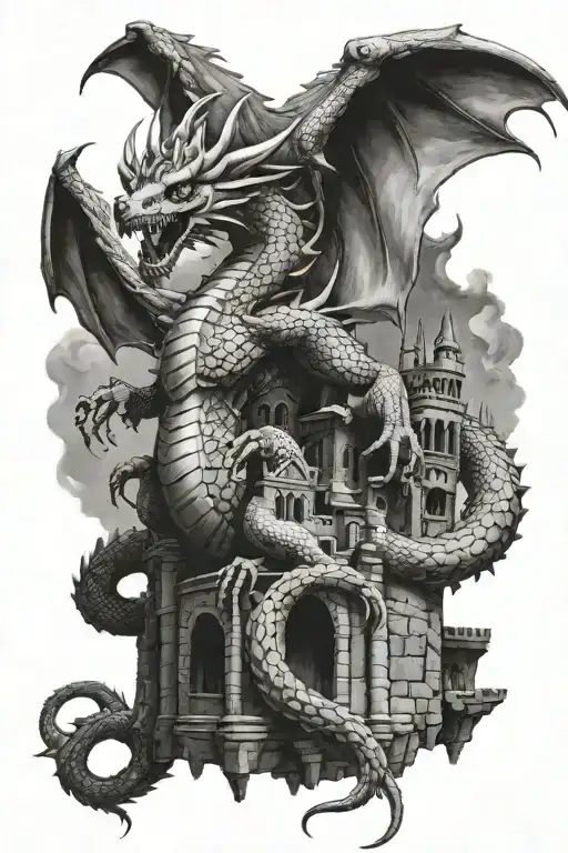 Photorealistic Dragon With Wings Spread Crouching On An Army Engineer Castle