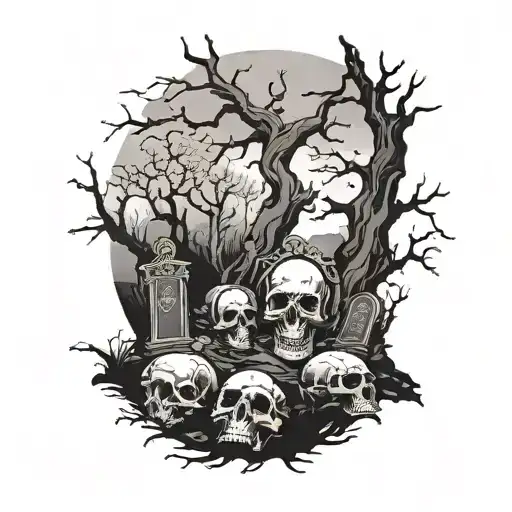 Graveyard With A Tree And Skulls Beneath