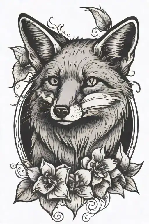 American Traditional Style Fox With Daffodil Flowers