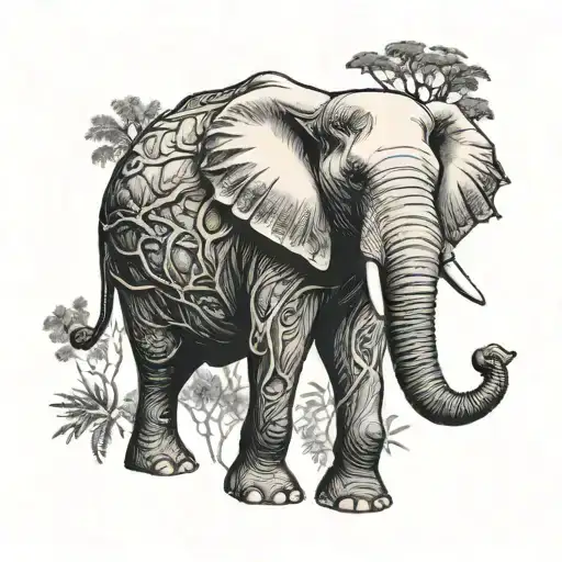 Elephant With It's Trunk Up And Trees Inside The Body