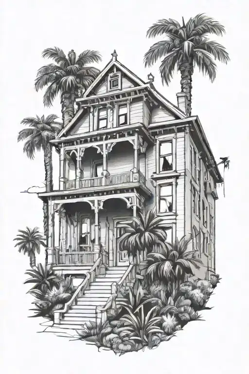 Simple Thin Line Drawing Of A San Francisco Victorian House With A California Palm Tree On The Left