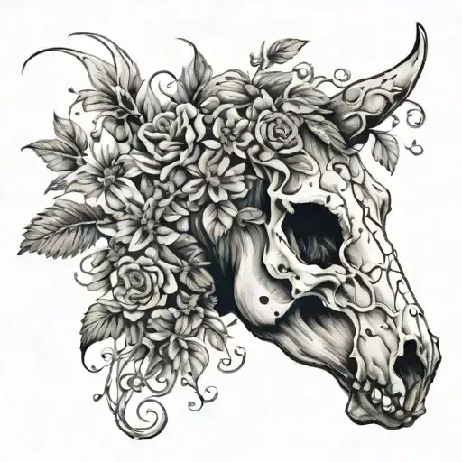 Horse Skull With Wild Flowers Growing Tattoo