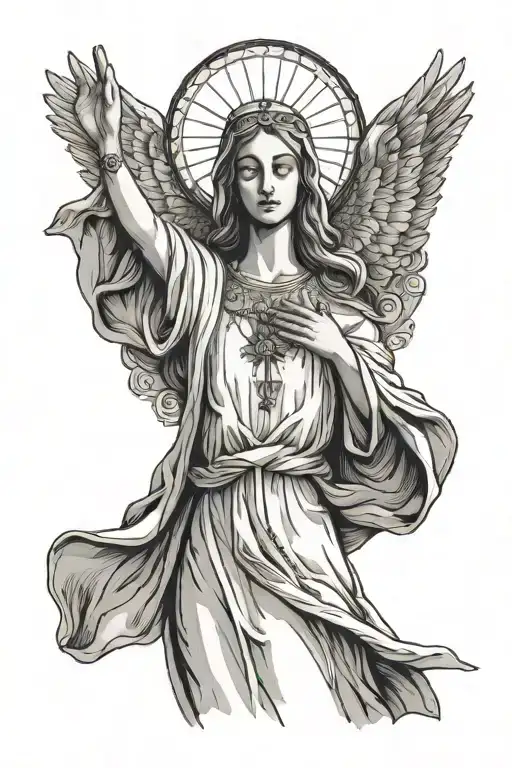 Virgin Mary Raises Her Arms Up In Her White Dress A Dark