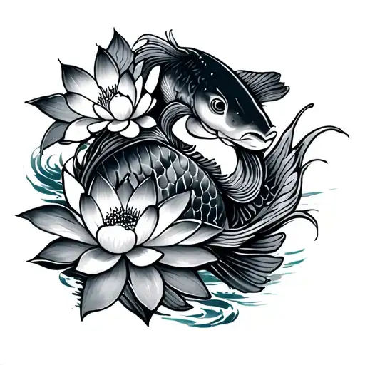 Koi Carp With Lotus Flower