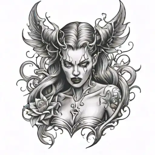 Color Realistic Tattoo Of Sexy Naked Demon Girl